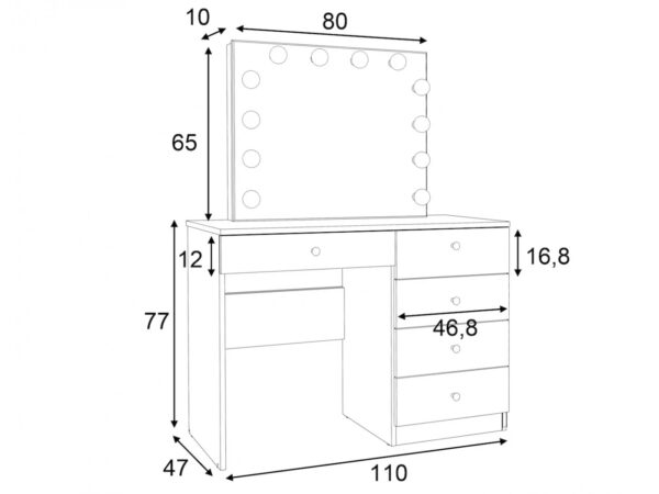 Masa de toaleta si machiaj Cristal Full cu oglinda LED si 5 sertare, 110x47x77 cm, alb - imagine 14