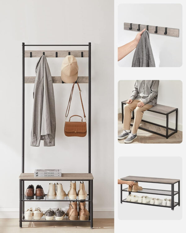 VASAGLE Cuier multifunctional 70x32x175 cm, cu 9 carlige, banca si 2 rafturi pantofi, PAL si otel, gri si negru - imagine 5