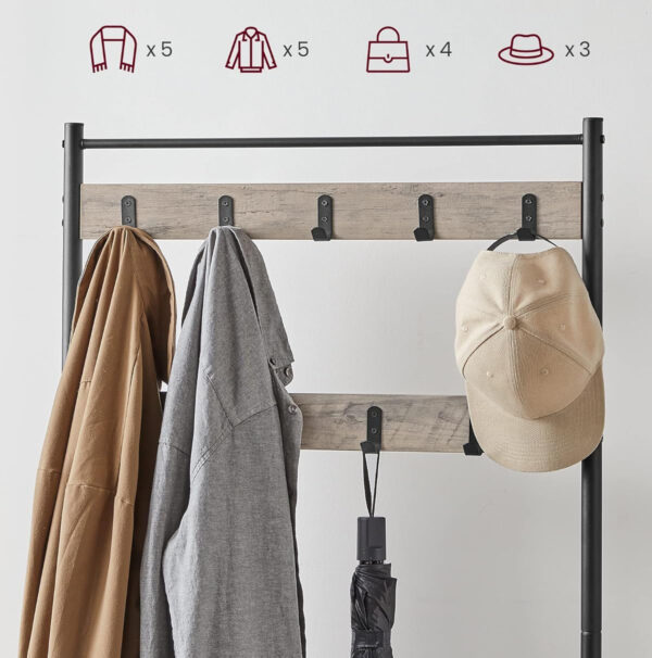 VASAGLE Cuier multifunctional 70x32x175 cm, cu 9 carlige, banca si 2 rafturi pantofi, PAL si otel, gri si negru - imagine 6
