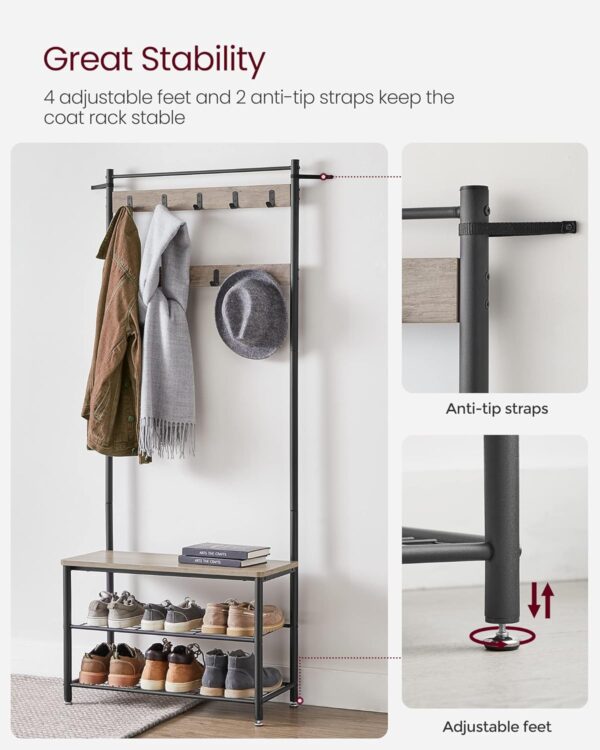 VASAGLE Cuier multifunctional 70x32x175 cm, cu 9 carlige, banca si 2 rafturi pantofi, PAL si otel, gri si negru - imagine 7