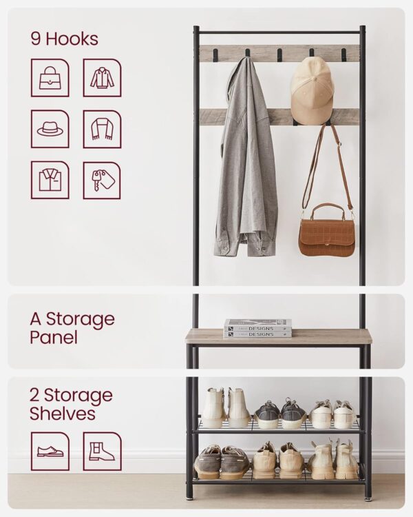 VASAGLE Cuier multifunctional 70x32x175 cm, cu 9 carlige, banca si 2 rafturi pantofi, PAL si otel, gri si negru - imagine 8