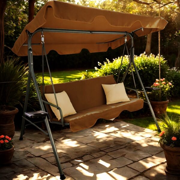 Leagan gradina 3 locuri 170x118x153 cm, cu perne, baldachin reglabil si masute laterale, structura otel, maro - imagine 3