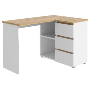 Birou colt Norge cu 3 sertare si 2 rafturi, 124x89x75 cm, alb si stejar
