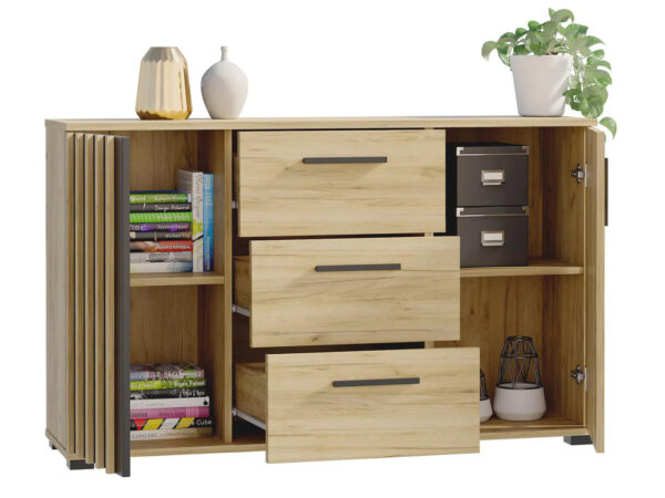 Comoda moderna cu 3 sertare si 2 usi, 140x38x80 cm, finisaj negru craft - imagine 3