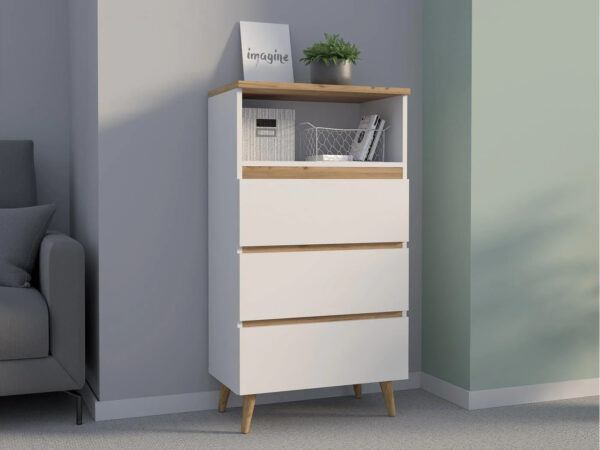 Comoda biblioteca Norge 03 cu 3 sertare si raft deschis, 65x37x119 cm, alb si stejar craft - imagine 2