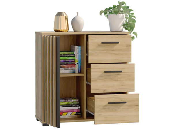 Comoda Montana 80 cu 3 sertare si 1 usa, 81x37x80 cm, negru si stejar craft - imagine 3