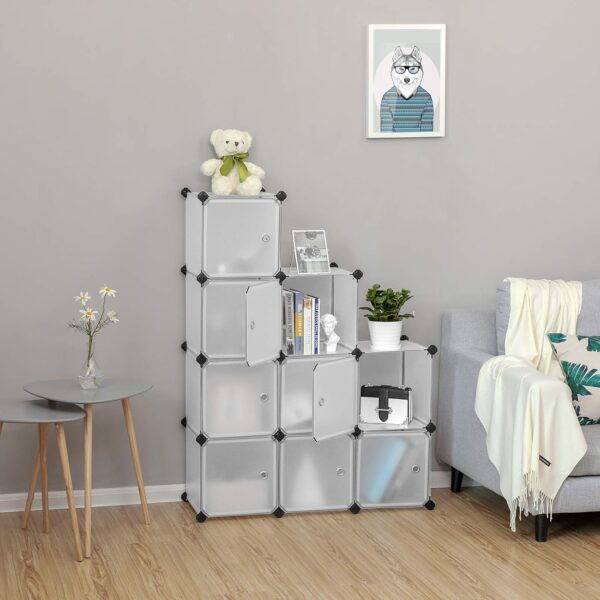 SONGMICS Organizator modular 93x31x93 cm, 9 cuburi cu usi, plastic si cadru metalic, alb - imagine 2