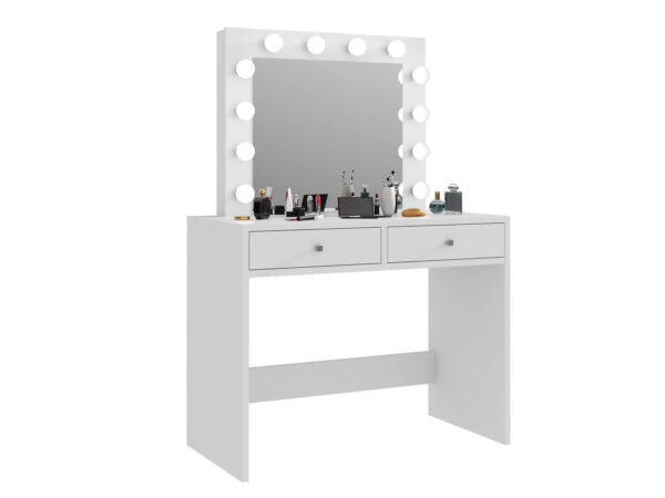 Masa de toaleta si machiaj Mega 12 LED, 100x50x144 cm, cu oglinda iluminata si 2 sertare, alb - imagine 2