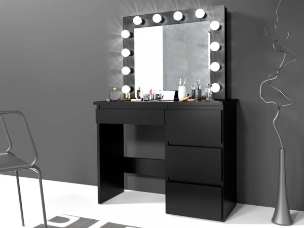 Masa de toaleta si machiaj Hollywood cu oglinda LED si 4 sertare, 94x43x140 cm, negru - imagine 3