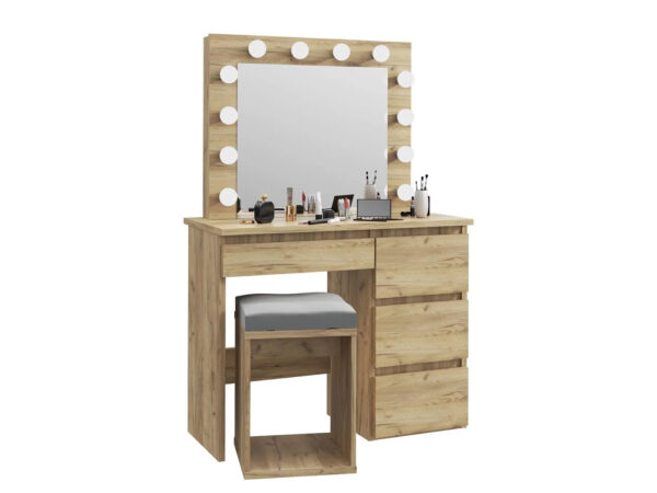 Masa de toaleta si machiaj Hollywood cu oglinda LED si 4 sertare, 94x43x140 cm, craft - imagine 4