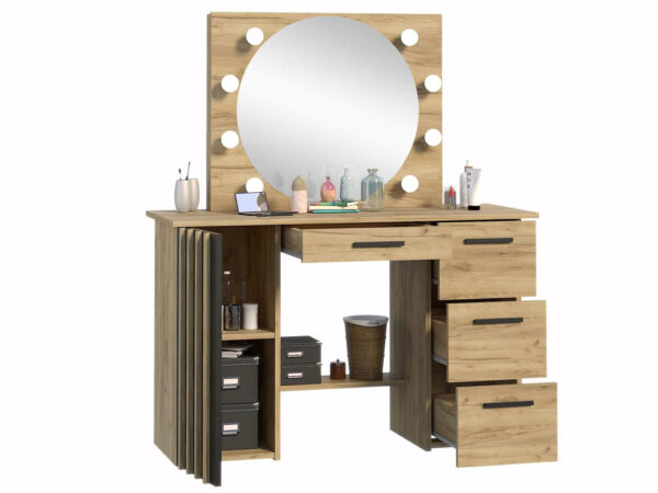 Masa de toaleta si machiaj 120x45x140 cm cu oglinda LED si 4 sertare, stil loft, craft si negru - imagine 2