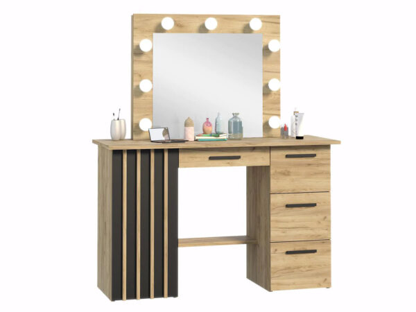 Masa de toaleta si machiaj suspendabila 120x45x140 cm cu oglinda LED si 4 sertare, craft si negru - imagine 2