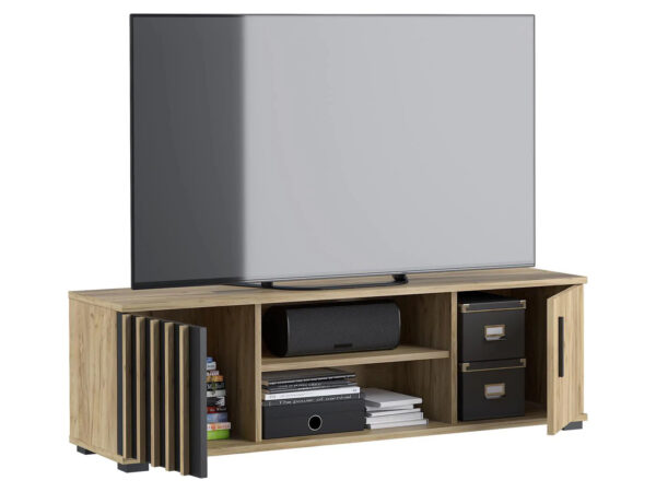 Comoda TV moderna 140x37 cm cu 2 usi si rafturi, finisaj craft cu negru - imagine 3
