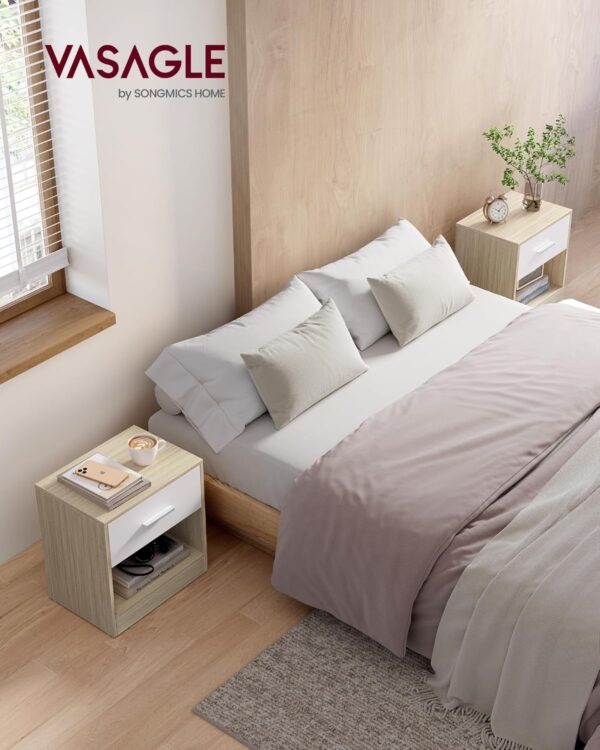 VASAGLE Set 2 noptiere 39x28x41 cm, cu sertar si compartiment deschis, PAL bej natur si alb - imagine 2