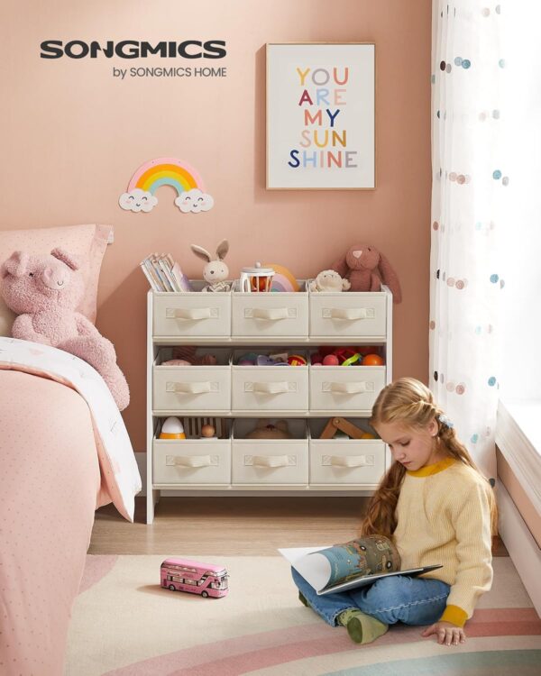 SONGMICS Raft jucarii si carti 63x30x60 cm, cu 9 cutii textile detasabile, MDF, alb - imagine 6