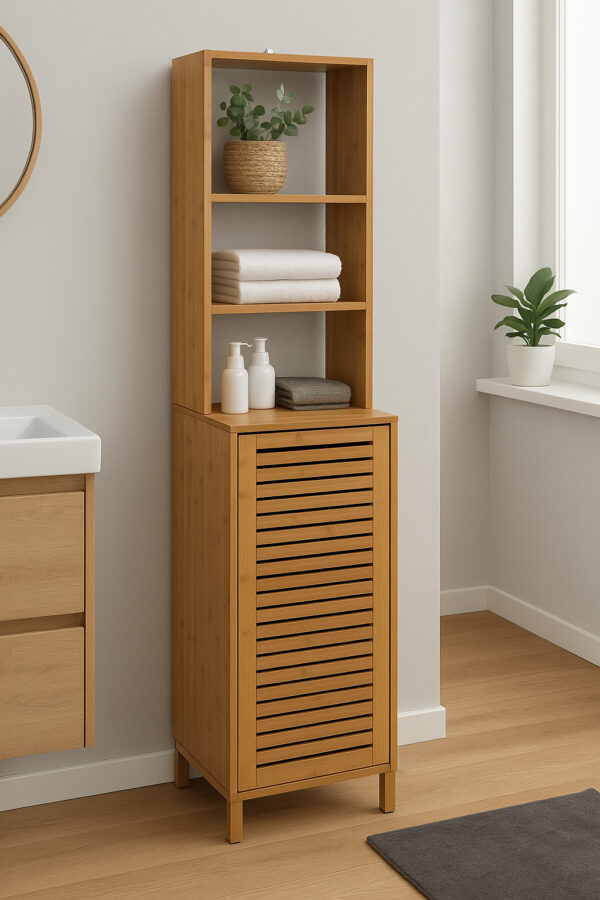 Dulap baie 5Five Sicela cu usa si rafturi, bambus, 38x33x168 cm, natur - imagine 7