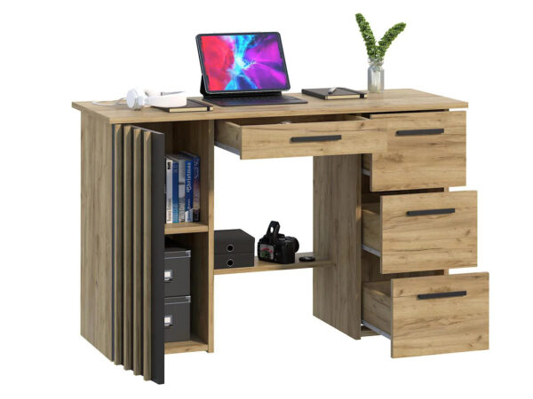 Birou Montana B120 cu 4 sertare si 1 usa, 120x45x76 cm, stejar craft si negru - imagine 3