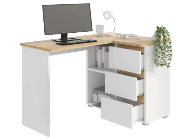 Birou colt Norge cu 3 sertare si 2 rafturi, 124x89x75 cm, alb si stejar - imagine 3