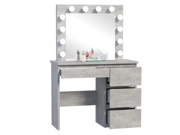 Masa de toaleta si machiaj Hollywood cu oglinda LED si 4 sertare, 94x43x140 cm, gri beton - imagine 3