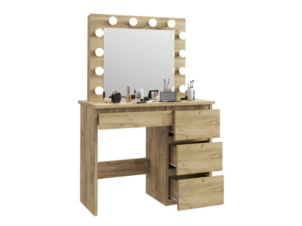 Masa de toaleta si machiaj Hollywood cu oglinda LED si 4 sertare, 94x43x140 cm, craft - imagine 5
