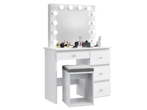 Masa de toaleta si machiaj Madlen cu oglinda LED si 4 sertare, 94x43x140 cm, alb - imagine 3