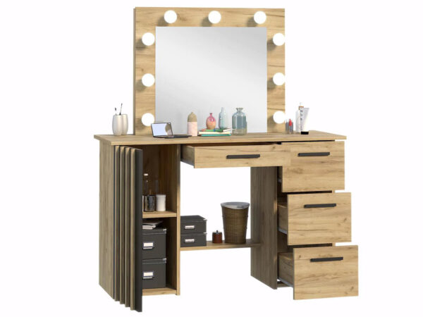 Masa de toaleta si machiaj suspendabila 120x45x140 cm cu oglinda LED si 4 sertare, craft si negru - imagine 3