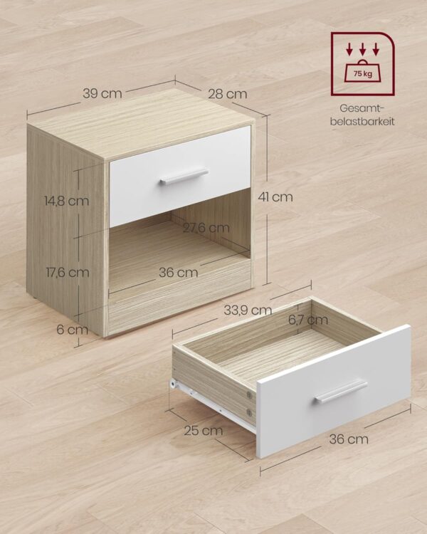 VASAGLE Set 2 noptiere 39x28x41 cm, cu sertar si compartiment deschis, PAL bej natur si alb - imagine 3