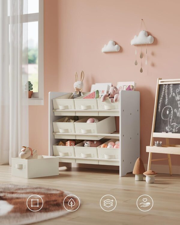 SONGMICS Raft jucarii si carti 63x30x60 cm, cu 9 cutii textile detasabile, MDF, alb - imagine 5