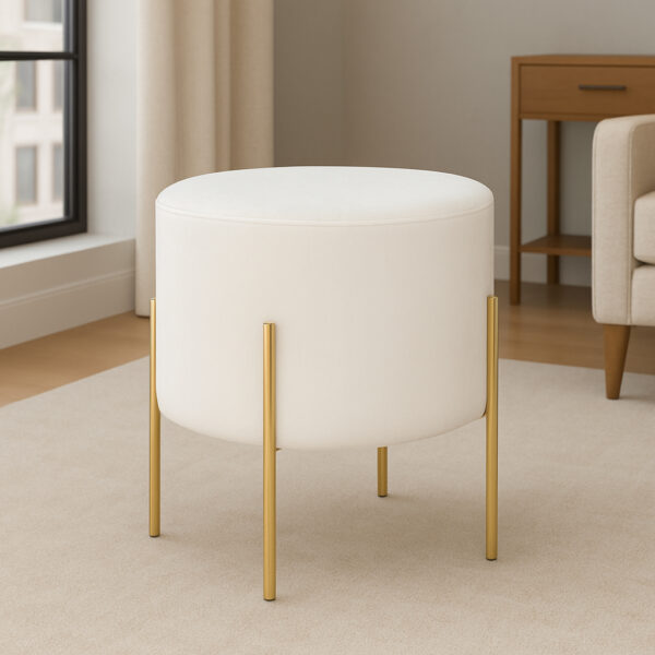 Taburet rotund Atmosphera Ilyan, 34x40 cm, catifea si MDF, alb - imagine 3
