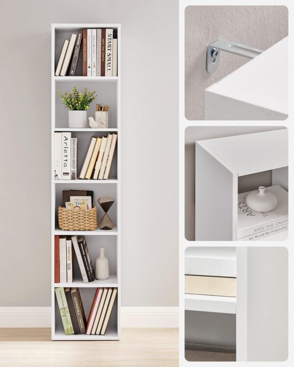 VASAGLE Biblioteca verticala 40x24x179 cm, 6 rafturi din care 4 reglabile, PAL alb mat - imagine 4