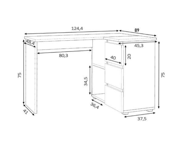 Birou colt Norge cu 3 sertare si 2 rafturi, 124x89x75 cm, alb si stejar - imagine 4