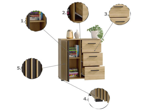 Comoda Montana 80 cu 3 sertare si 1 usa, 81x37x80 cm, negru si stejar craft - imagine 4