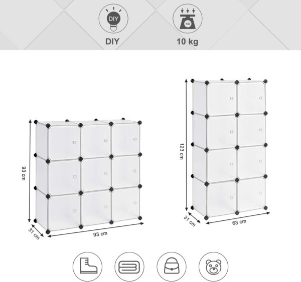 SONGMICS Organizator modular 93x31x93 cm, 9 cuburi cu usi, plastic si cadru metalic, alb - imagine 4