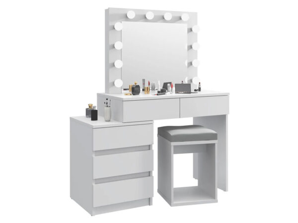 Masa de toaleta si machiaj Adele cu 5 sertare si oglinda 12 LED, 113x47x142 cm, alb - imagine 4