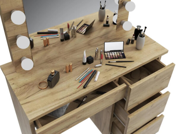 Masa de toaleta si machiaj Hollywood cu oglinda LED si 4 sertare, 94x43x140 cm, craft - imagine 6