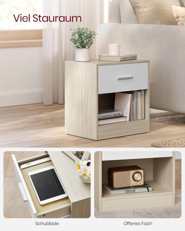 VASAGLE Set 2 noptiere 39x28x41 cm, cu sertar si compartiment deschis, PAL bej natur si alb - imagine 4