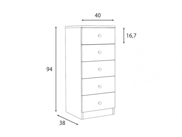 Comoda verticala Cristal cu 5 sertare, MDF, 40x38x94 cm, alb mat - imagine 5