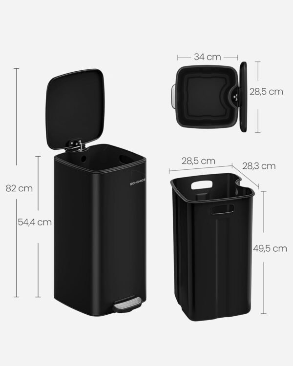 SONGMICS Cos gunoi 34x29x54 cm, 30L, cu pedala, capac silentios si galeata interioara detasabila, negru - imagine 5