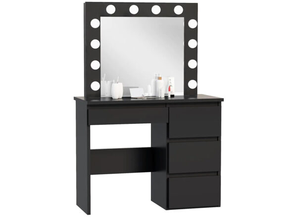 Masa de toaleta si machiaj Hollywood cu oglinda LED si 4 sertare, 94x43x140 cm, negru - imagine 5