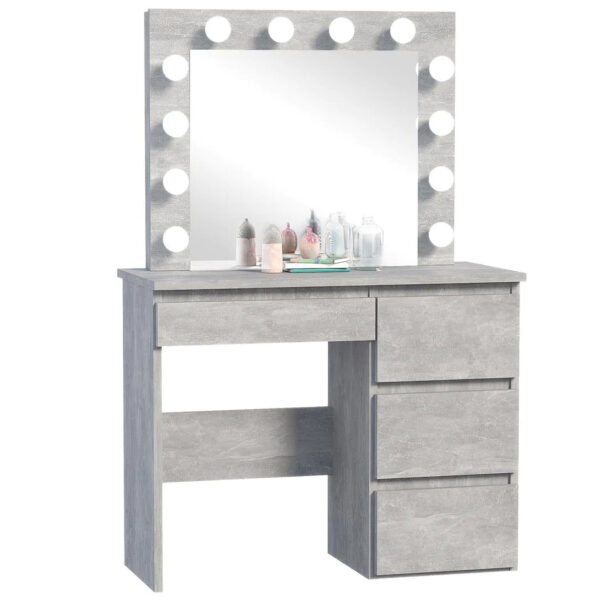 Masa de toaleta si machiaj Hollywood cu oglinda LED si 4 sertare, 94x43x140 cm, gri beton - imagine 5