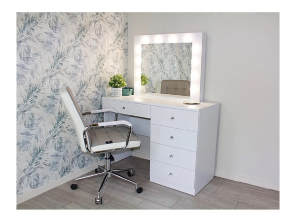 Masa de toaleta si machiaj Cristal 12 LED cu oglinda si 5 sertare, 110x47x77 cm, alb - imagine 5
