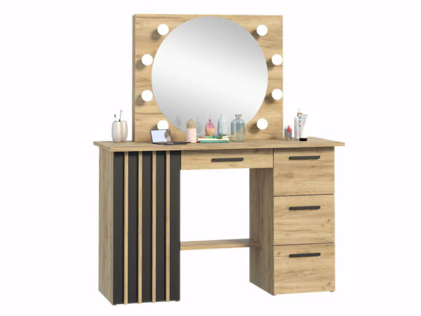 Masa de toaleta si machiaj 120x45x140 cm cu oglinda LED si 4 sertare, stil loft, craft si negru - imagine 4