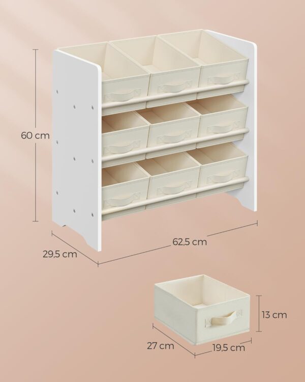 SONGMICS Raft jucarii si carti 63x30x60 cm, cu 9 cutii textile detasabile, MDF, alb - imagine 3