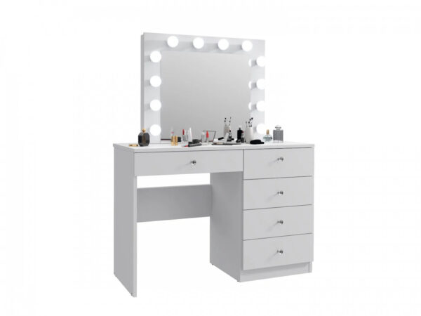 Masa de toaleta si machiaj Cristal 12 LED cu oglinda si 5 sertare, 110x47x77 cm, alb - imagine 6