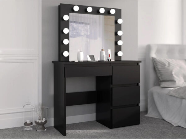 Masa de toaleta si machiaj Hollywood cu oglinda LED si 4 sertare, 94x43x140 cm, negru - imagine 6