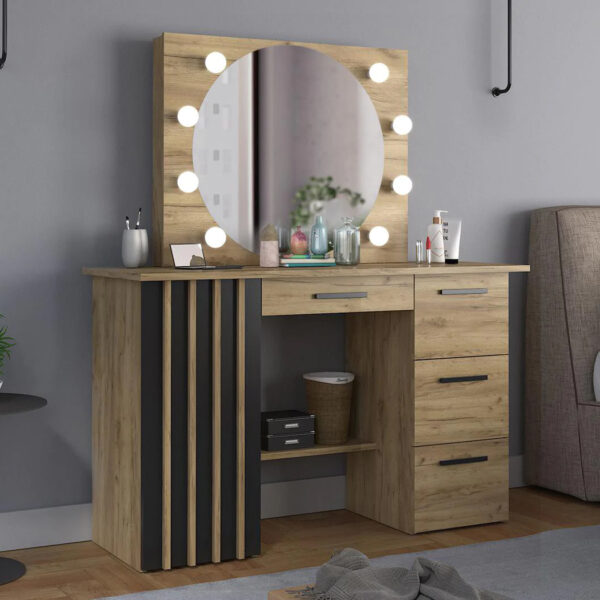Masa de toaleta si machiaj 120x45x140 cm cu oglinda LED si 4 sertare, stil loft, craft si negru
