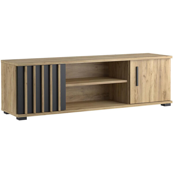Comoda TV moderna 140x37 cm cu 2 usi si rafturi, finisaj craft cu negru