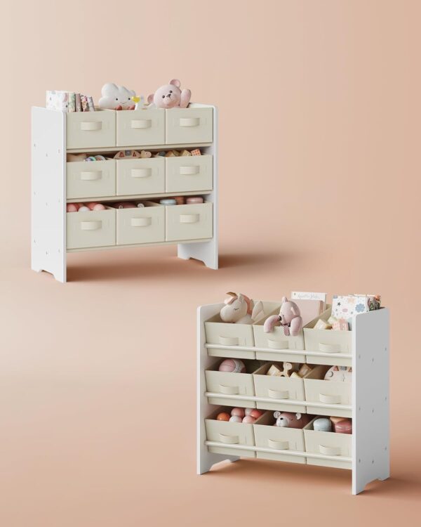 SONGMICS Raft jucarii si carti 63x30x60 cm, cu 9 cutii textile detasabile, MDF, alb - imagine 2