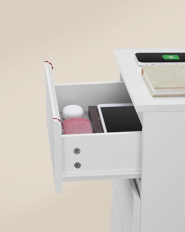 VASAGLE Noptiera cu 3 sertare, din PAL, cu 2 prize si 2 porturi USB, 40x35x59 cm, alb - imagine 4