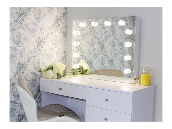Masa de toaleta si machiaj Cristal Full cu oglinda LED si 5 sertare, 110x47x77 cm, alb - imagine 8